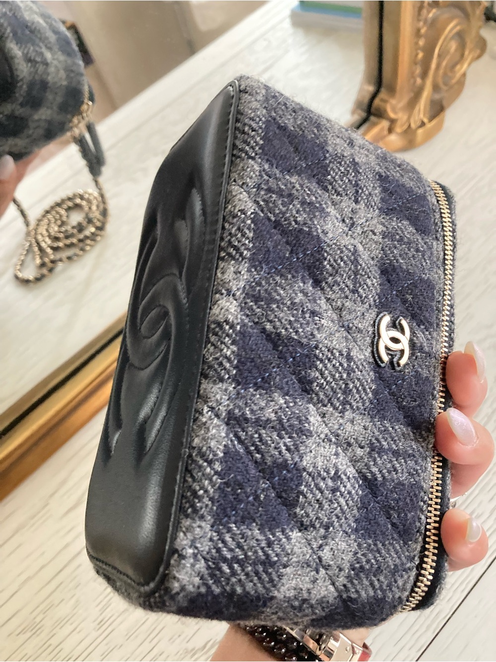 CHANEL Blue Plaid Wool Vanity Crossbody with Gold Chain - Picture 7 of 11